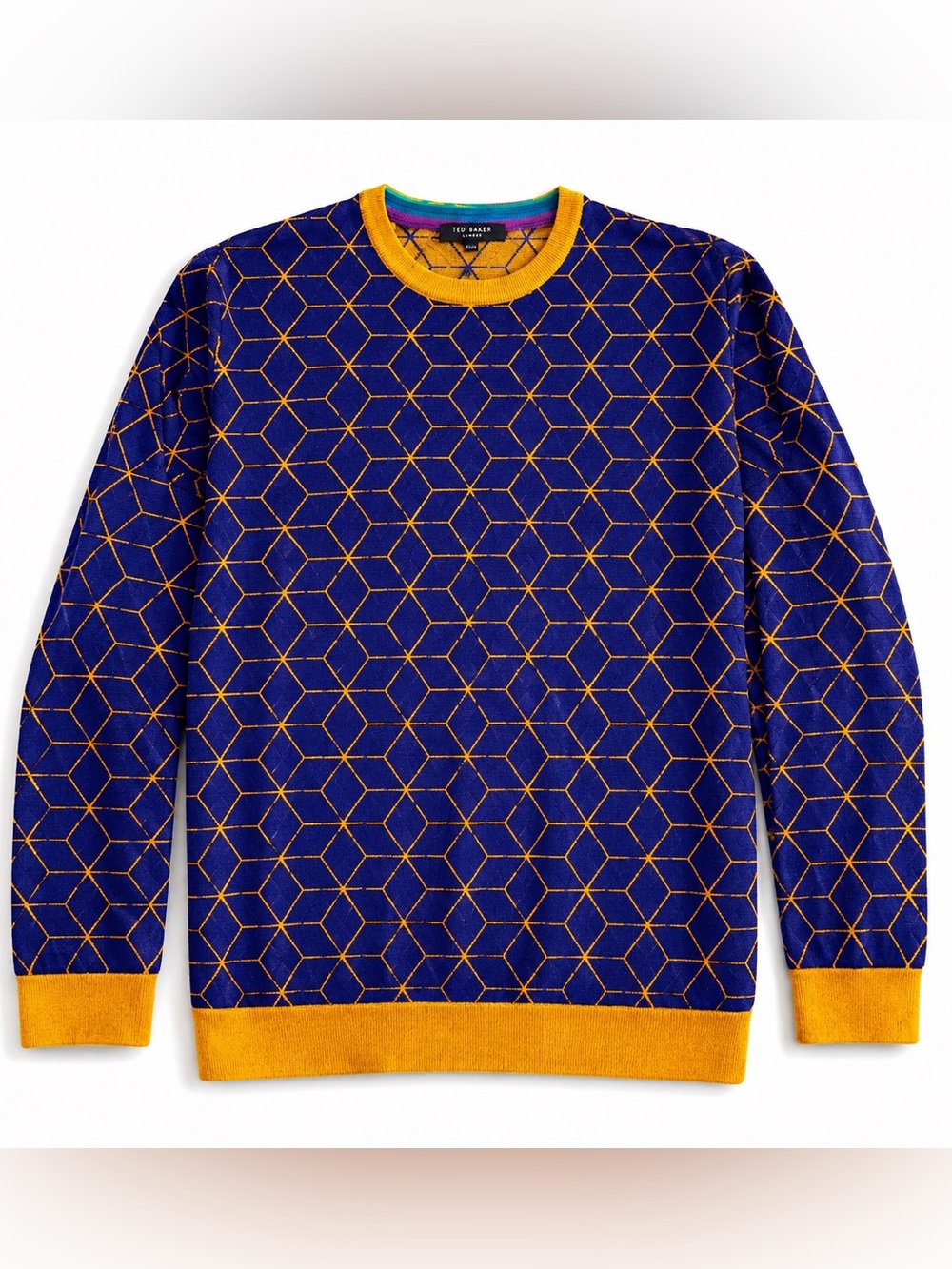 Ted Baker London Men’s Geometric Crewneck Sweater Blue Gold Cotton Size L